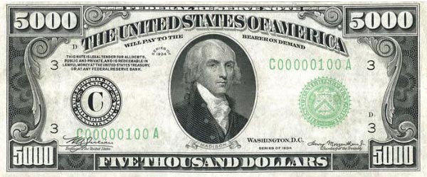 $5000 с портретом Джеймса Мэдисона 4-го президента США