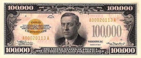 $100000 с портретом Вудро Вильсон Woodrow Wilson